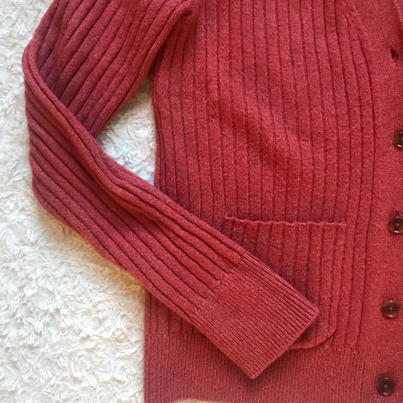 LOFT | Burnt Coral Ribbed Knit Button Down Cotton Cardigan - Picture 3 of 4